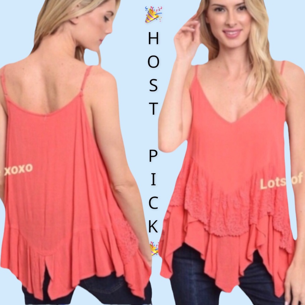 CORAL LACE RUFFLE DETAILED TOP - Picture 1 of 8